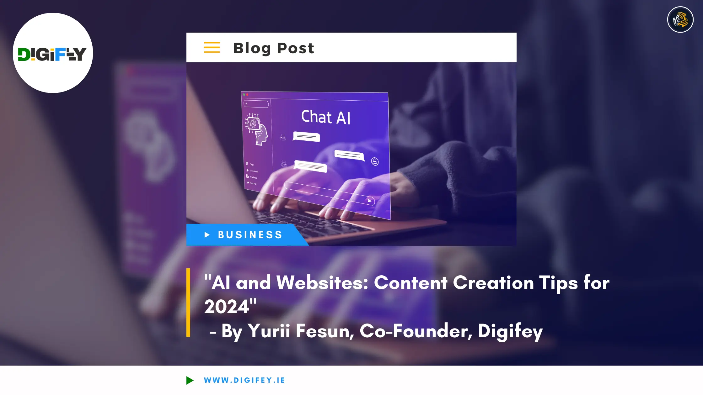 "AI and Websites: Content Creation Tips for 2024" - Blog post image featuring a laptop with an AI chatbot interface on the screen.