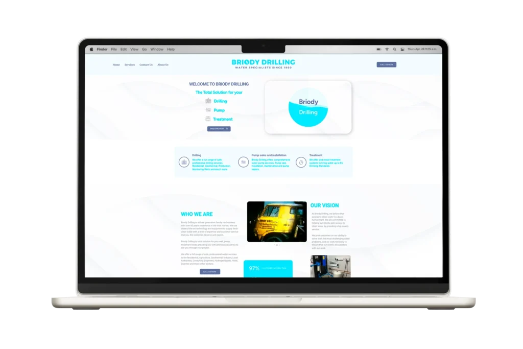 Briody Drilling website displayed on a desktop mockup: Example of Briody Drilling's website design on a desktop mockup in the portfolio section.