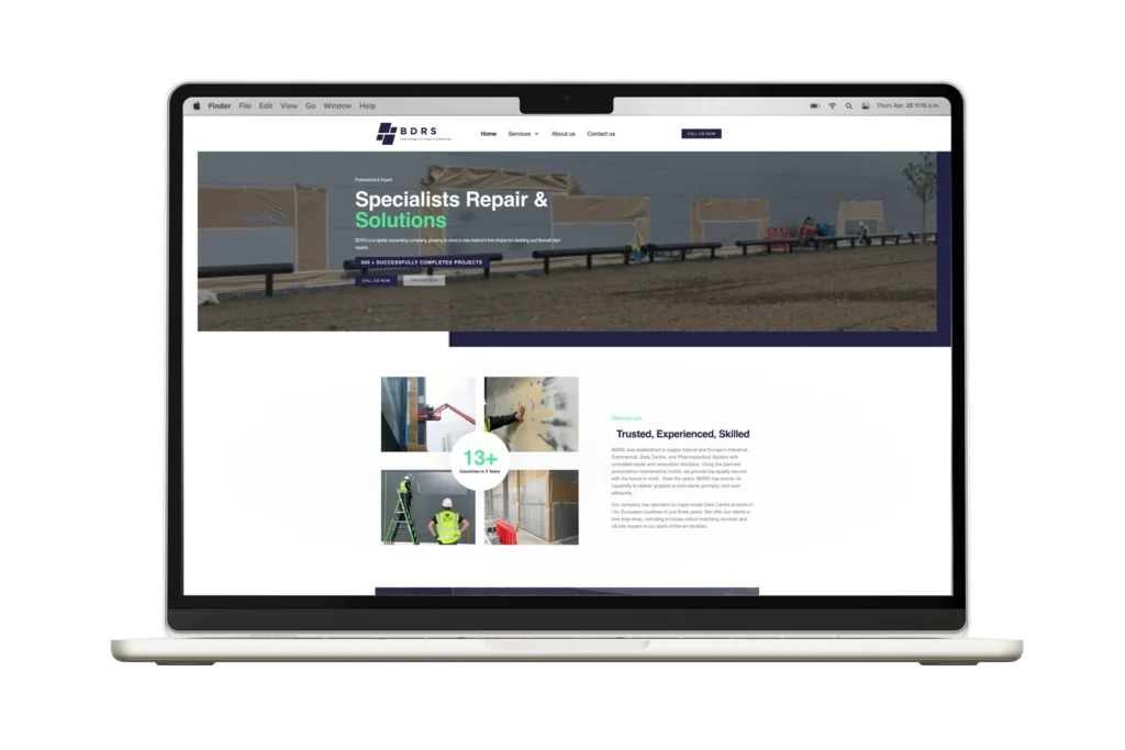 BDRS website displayed on a desktop mockup: Example of BDRS's repair and solutions website design on a desktop mockup in the portfolio section.