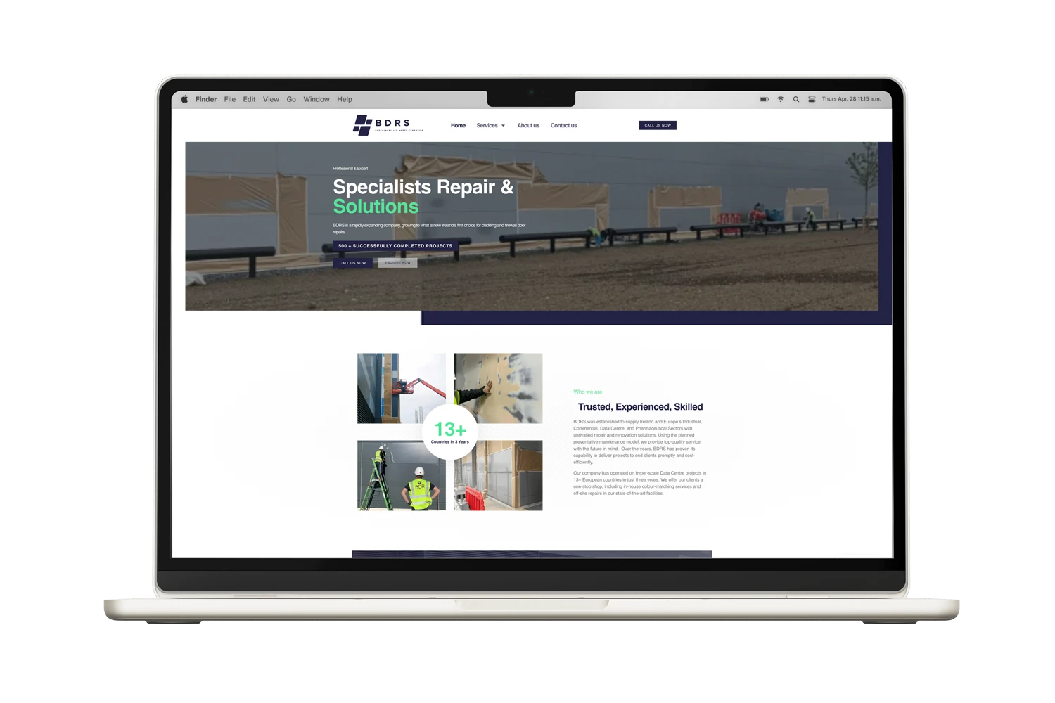 BDRS website displayed on a desktop mockup: Example of BDRS's repair and solutions website design on a desktop mockup in the portfolio section.