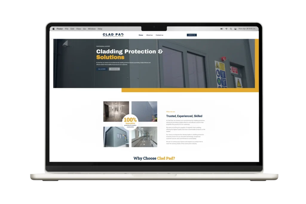 Clad Pad website displayed on a desktop mockup: Example of Clad Pad's website design on a desktop mockup in the portfolio section.