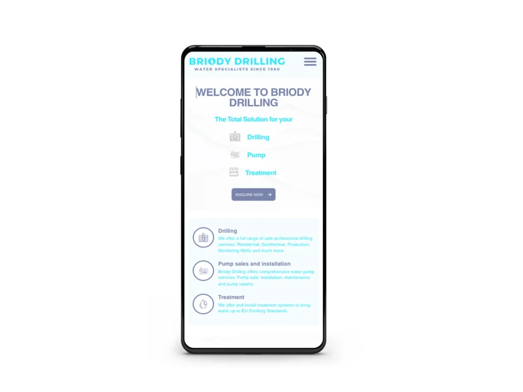 Briody Drilling Website Mobile Mockup: Mobile phone mockup of the Briody Drilling website, offering drilling, pump installation, and water treatment services.