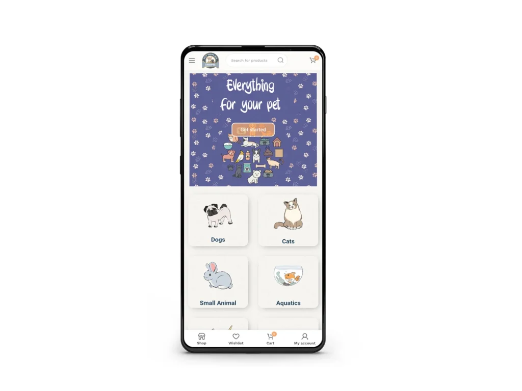 Snoopy's Pet Shop Website Mobile Mockup: Mobile phone mockup of Snoopy's pet shop website, showcasing categories like dogs, cats, and small animals.