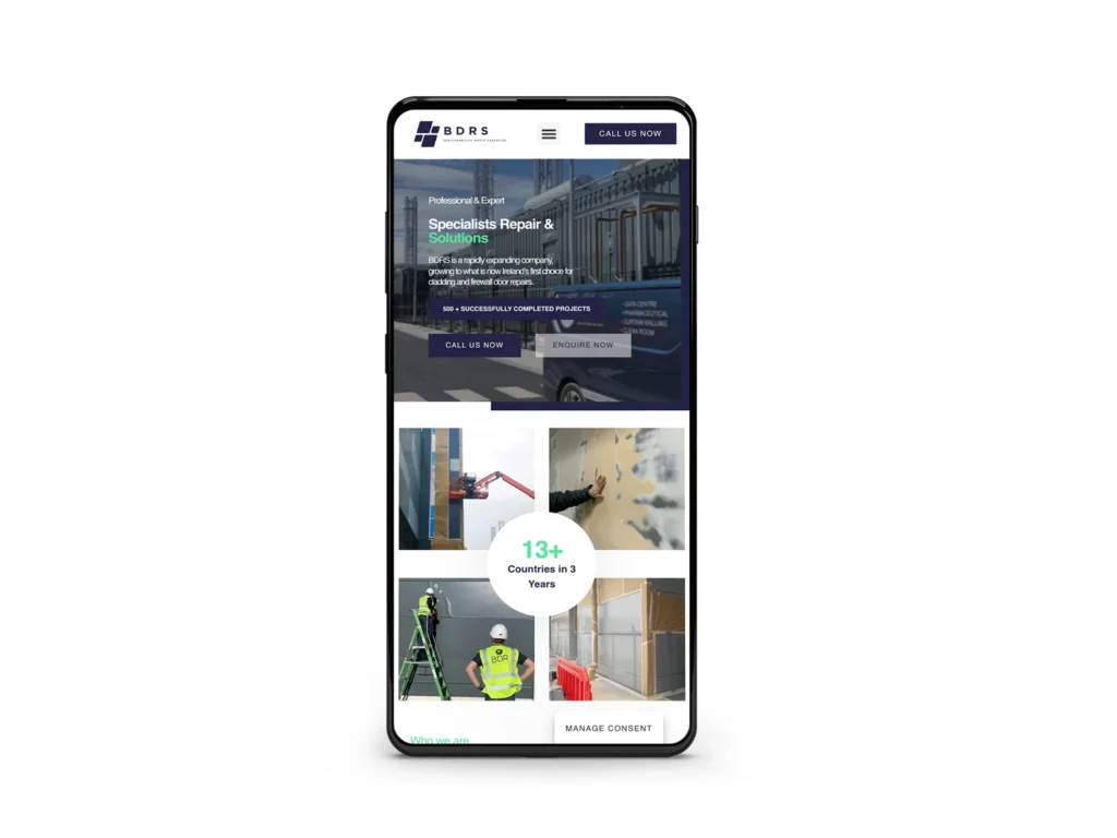 BDRS Website Mobile Mockup: Mobile phone mockup of the BDRS website highlighting repair and cladding solutions for industrial and commercial sectors.