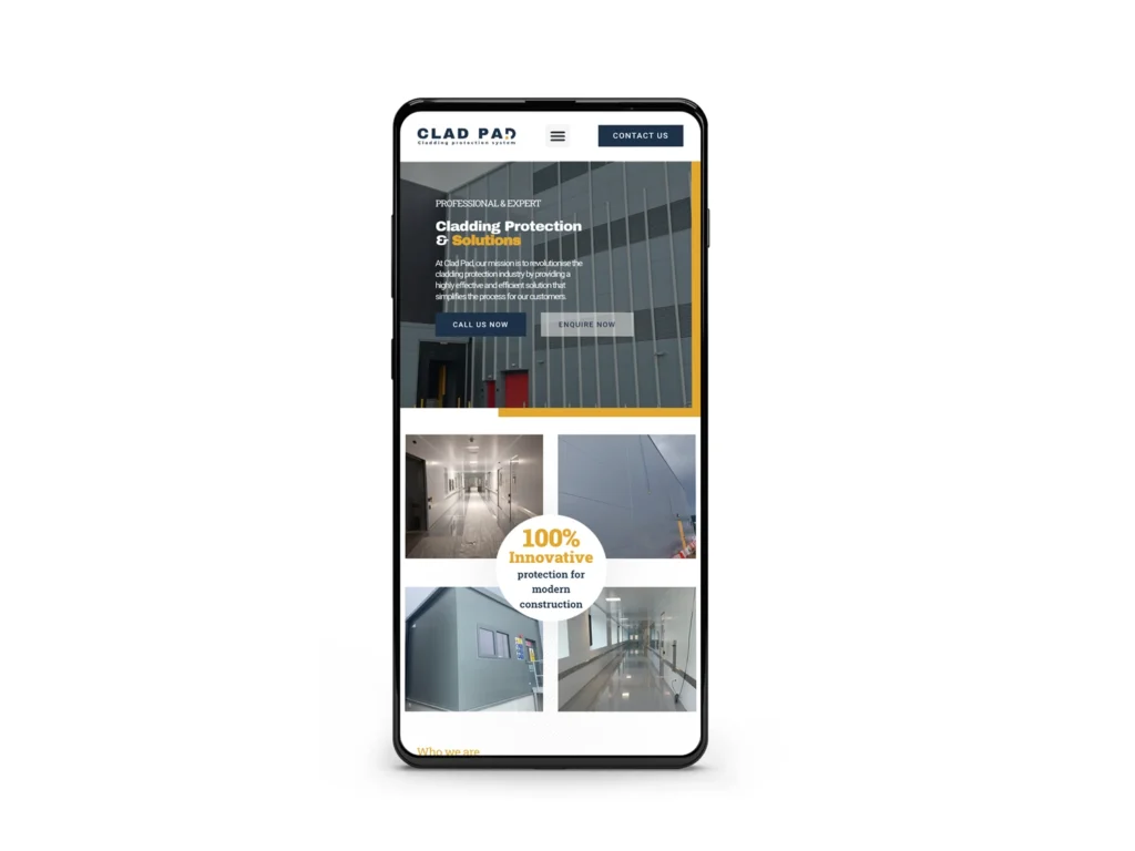 Clad Pad Website Mobile Mockup: Mobile phone mockup displaying the Clad Pad website, showcasing cladding protection solutions.