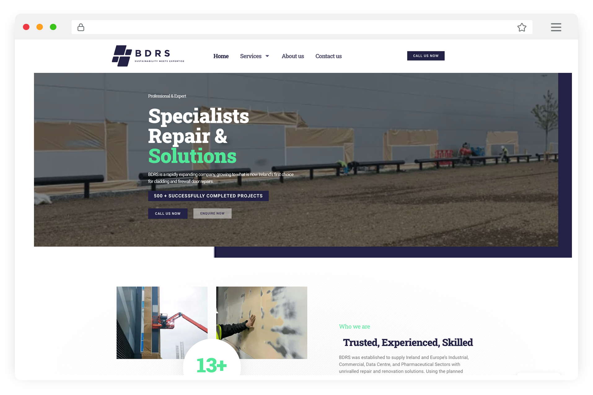 BDRS.ie Industrial Repair Website Design: A browser mockup of an industrial repair website, highlighting services and completed projects.