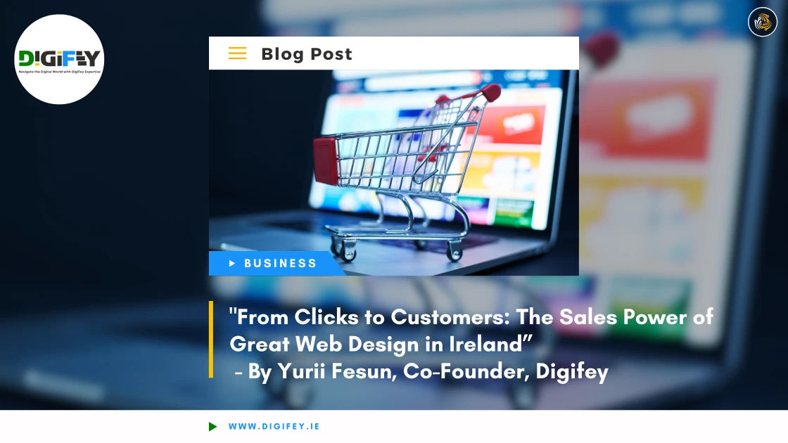 Shopping cart in front of a laptop screen for a blog post on the sales power of great web design in Ireland by Yurii Fesun.